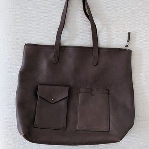 Madewell Grey-Brown Leather Transport Tote - Zipper Top + Multiple Pockets